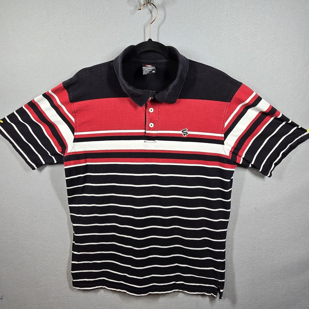 Vintage Southpole Polo Shirt Mens XL Black Red White‎ Striped Short Sleeve